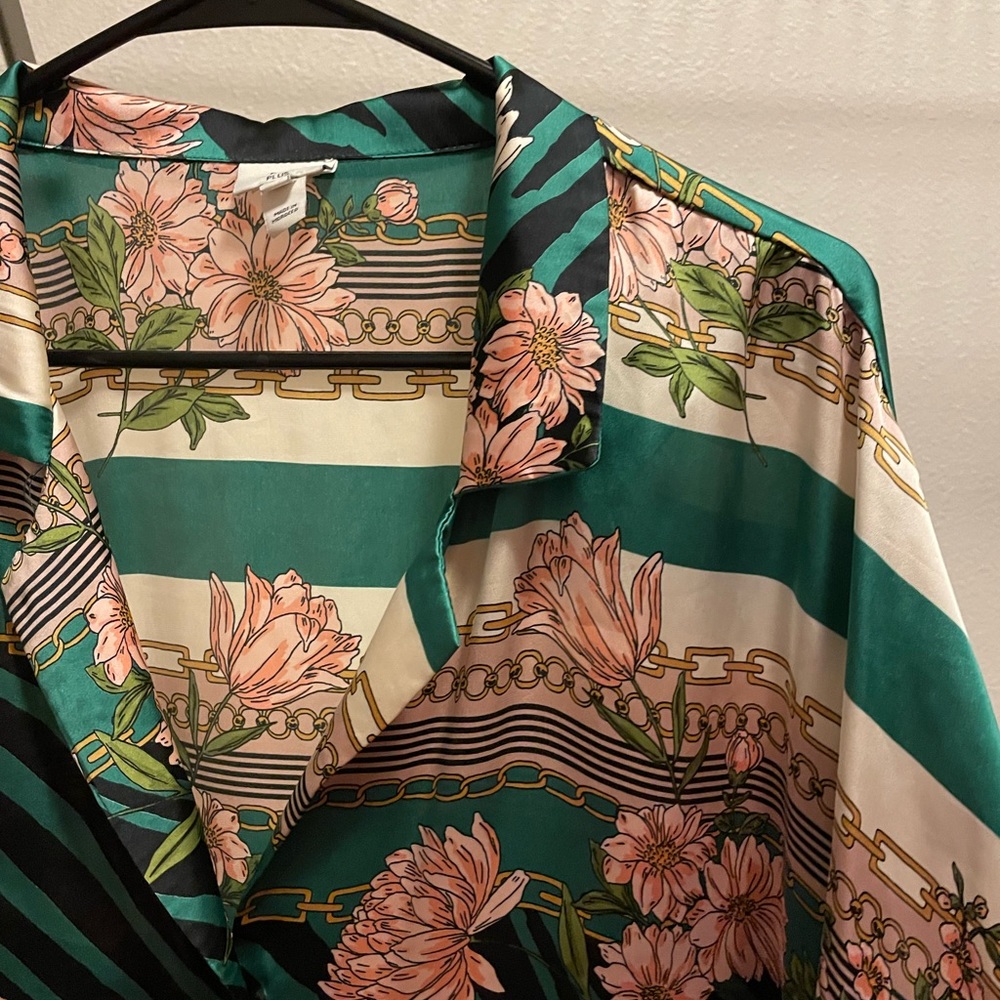 Floral Teal Silk Button Down